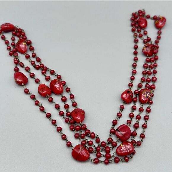 Vintage Gold Tone Red Murano? Glass Beaded Chain Necklace, 50" - Picture 1 of 5